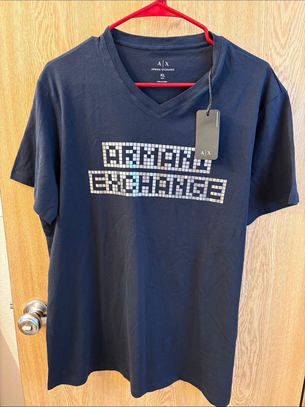 Armani Exchange Navy Short-Sleeve V-Neck Tee with Pixel Logo